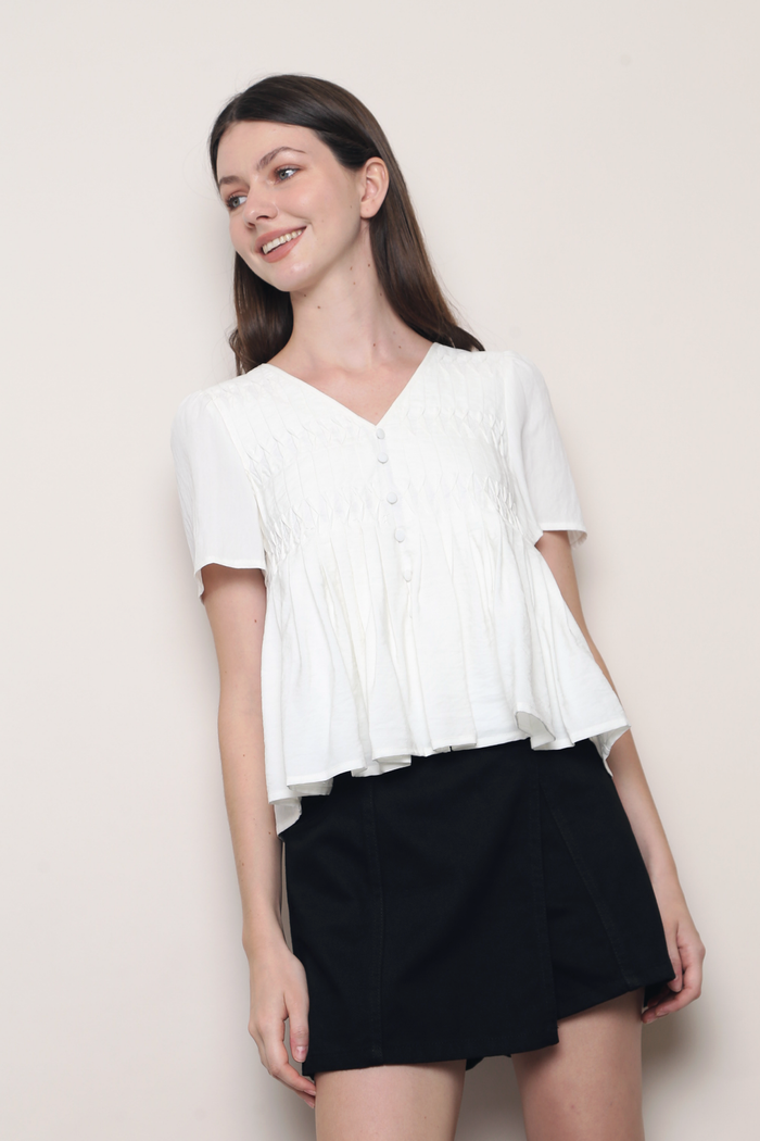 Honeycomb Pintuck Babydoll Blouse White (Restock)