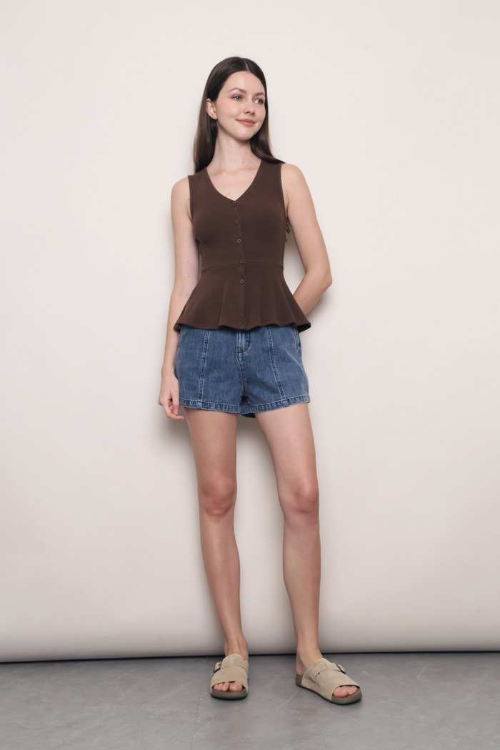 Rosie V2 Ribbed Peplum Blouse Brown